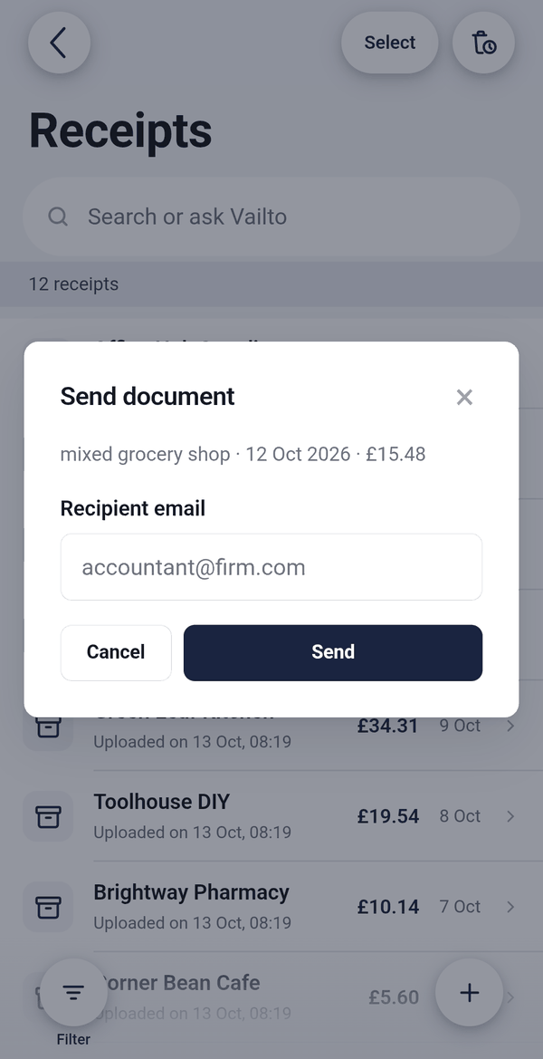 The Send document dialog in Vailto, with a field for the recipient email